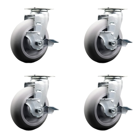6 Inch Thermoplastic Rubber Swivel Caster Set With Roller Bearings And Brakes